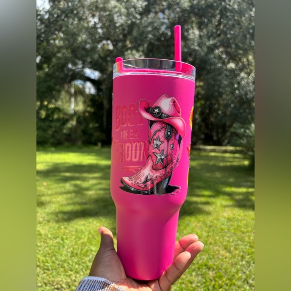 Pink 40 oz Tumbler with Western Boot Design NWOT - Picture 2 of 3